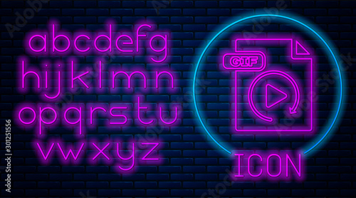 Glowing neon GIF file document. Download gif button icon isolated on brick wall background. GIF file symbol. Neon light alphabet. Vector Illustration
