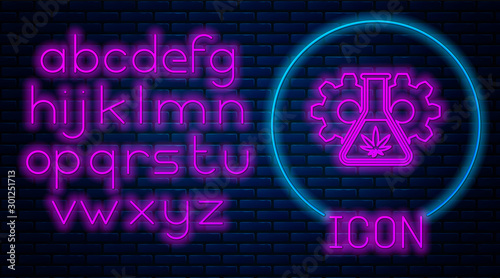 Glowing neon Chemical test tube with marijuana or cannabis leaf icon isolated on brick wall background. Research concept. Laboratory CBD oil concept. Neon light alphabet. Vector Illustration