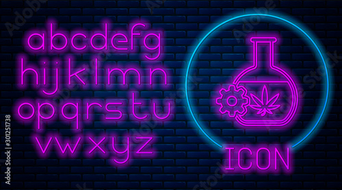 Glowing neon Chemical test tube with marijuana or cannabis leaf icon isolated on brick wall background. Research concept. Laboratory CBD oil concept. Neon light alphabet. Vector Illustration