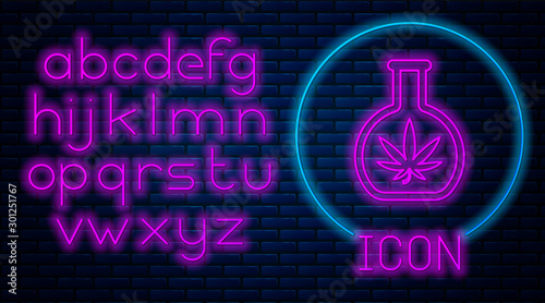 Glowing neon Chemical test tube with marijuana or cannabis leaf icon isolated on brick wall background. Research concept. Laboratory CBD oil concept. Neon light alphabet. Vector Illustration