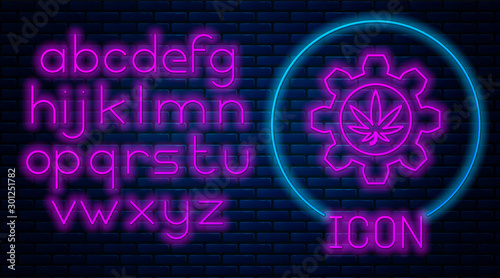 Glowing neon Chemical test tube with marijuana or cannabis leaf icon isolated on brick wall background. Research concept. Laboratory CBD oil concept. Neon light alphabet. Vector Illustration