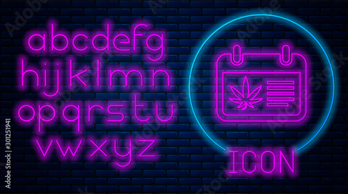 Glowing neon Calendar and marijuana or cannabis leaf icon isolated on brick wall background. National weed day. Hemp symbol. Neon light alphabet. Vector Illustration