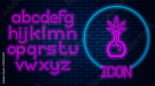 Glowing neon Chemical test tube with marijuana or cannabis leaf icon isolated on brick wall background. Research concept. Laboratory CBD oil concept. Neon light alphabet. Vector Illustration