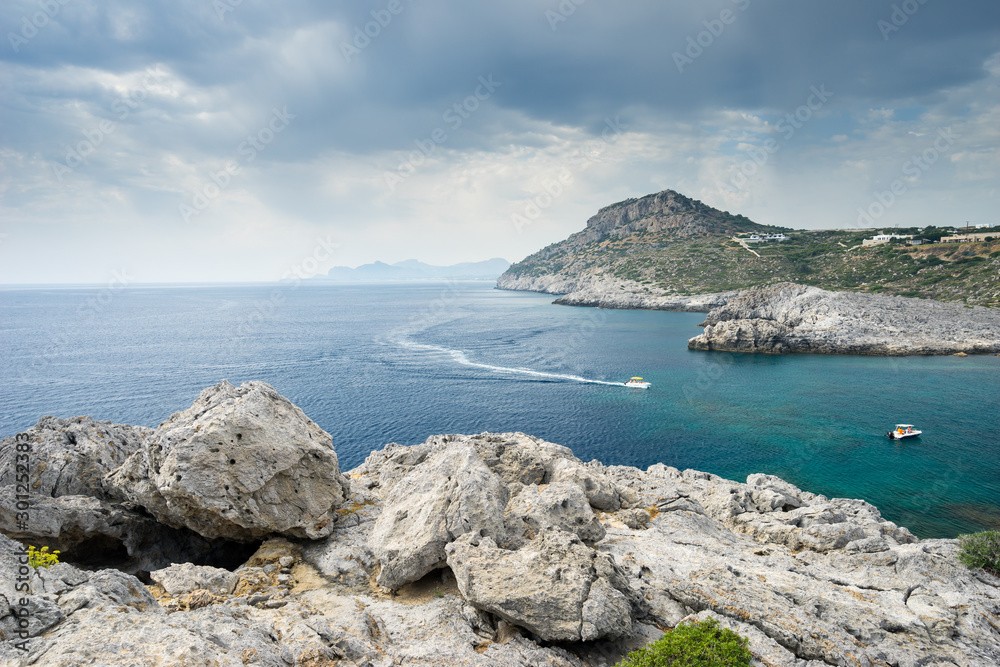 Ladiko Bay near Faliraki a popular tourist destination on the Greek island of Rhodes Greece Europe Ladiko Bay near Faliraki a popular tourist destination on the Greek island of Rhodes Greece Europe