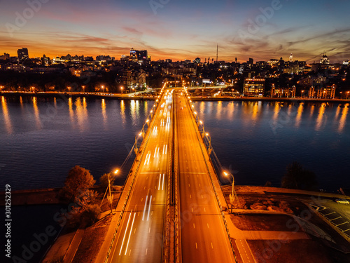 Night summer Voronezh, Chernavsky bridge and Massalitinov embankment, aerial view photo
