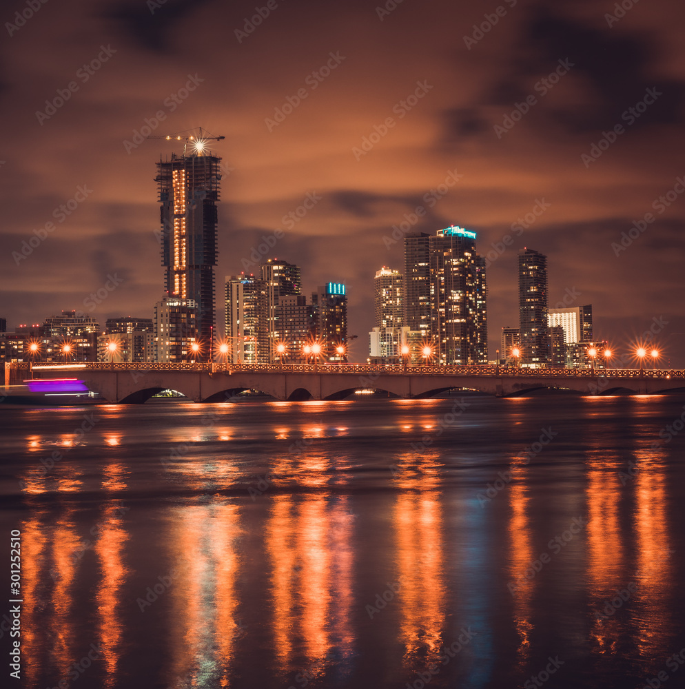 miami city night water lights sea buildings bridge