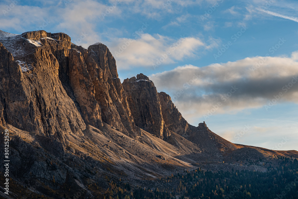 Mountain peaks in the famous dolomite mountains during sunrise, South Tyrol, Italy