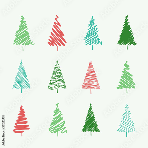 Set of scribble Christmas tree vectors, isolated on an off-white background