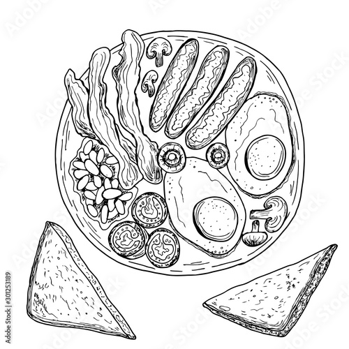 English or Irish breakfast fried eggs, sausages, bacon, beans, toasts. Hand drawn vector illustration. Monochrome black and white ink sketch. Line art. Isolated on white background. Coloring page