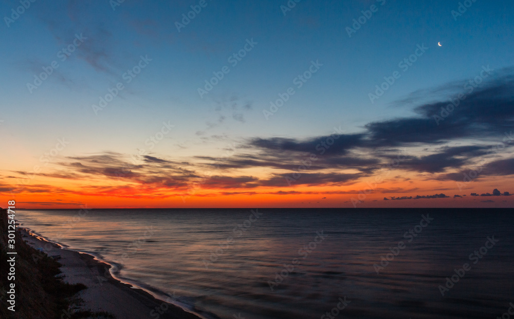 Sunrise at coast of the sea. Black Sea. Summer 2019 Ukraine