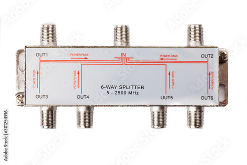 2 Way TV Splitter Signal Cable TV (CATV & MATV) Analog and Digital Satellite isolated on white background. photo