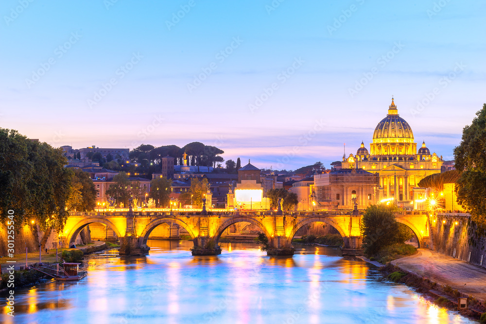 St. Peter's basilica in Vatican at dusk. Italy