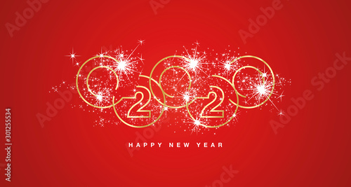 Happy New Year 2020 line design golden rings with sparkle firework white red greeting card