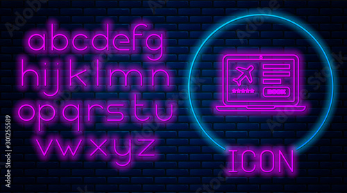 Glowing neon Laptop with electronic boarding pass airline ticket icon isolated on brick wall background. Passenger plane mobile ticket for web and app. Neon light alphabet. Vector Illustration