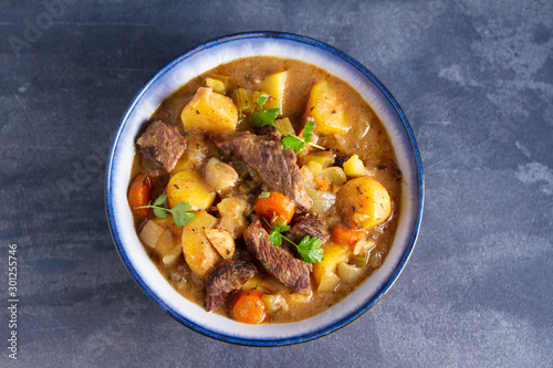 Slow cooker thick and chunky beef stew. View from above, top