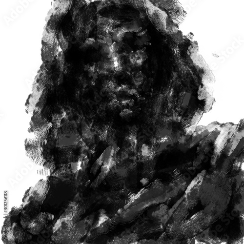 Frightening dead man in the hood. Black and white illustration in horror genre with coal and noise effect.