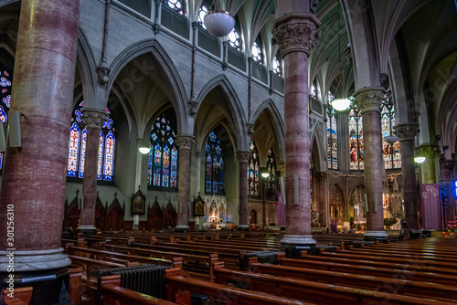 DUBLIN, IRELAND, DECEMBER 21, 2018: Interior of Church of St. Augustine and St. John, commonly known as John's Lane Church, a large Roman Catholic Church located on Thomas Street.