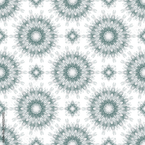 Decorative geometric fractal fantasy flowers ornament seamless pattern, gray color, izolated on white background.