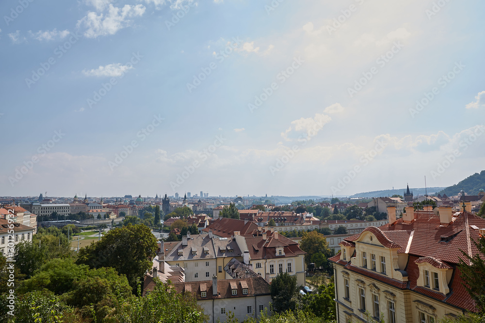 Top view of the roofs of houses from red tile in Prague, Czech Republic.