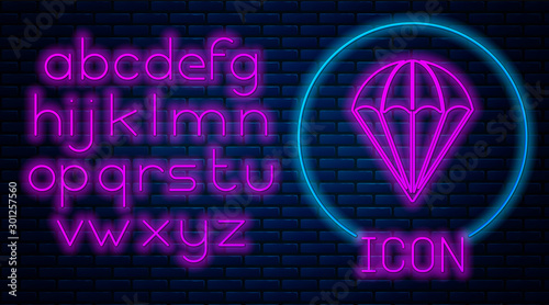 Glowing neon Parachute icon isolated on brick wall background. Neon light alphabet. Vector Illustration