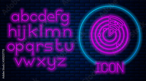 Glowing neon Radar with targets on monitor in searching icon isolated on brick wall background. Military search system. Navy sonar. Neon light alphabet. Vector Illustration