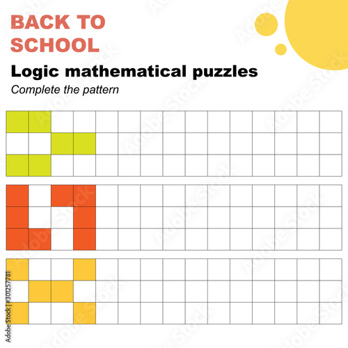 Complete the patterns, mathematical logic puzzles worksheet. Easy worksheet, for children in preschool, elementary and middle school.