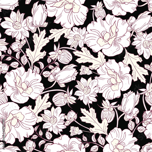 elegant floral seamless pattern. Vintage monochrome peonies  chrysanthemums on a light background. Spring  summer holidays presents and gifts wrapping paper For textiles packaging  fabric wallpaper.