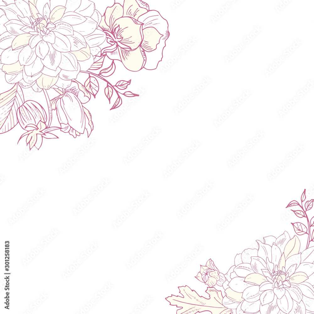 Flower  frame. Elegant border, hand drawing, sketch. Monochrome flowers, roses, chrysanthemums. For Spring,summer holidays,textiles,packaging,fabric,Greeting Cards