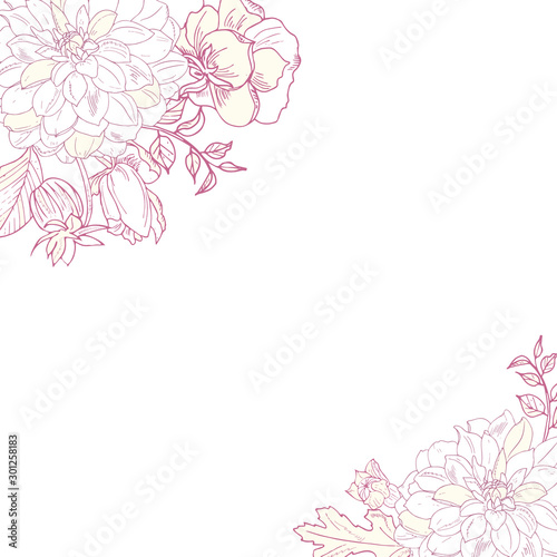 Flower frame. Elegant border, hand drawing, sketch. Monochrome flowers, roses, chrysanthemums. For Spring,summer holidays,textiles,packaging,fabric,Greeting Cards