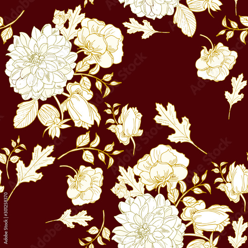 elegant floral seamless pattern. Vintage monochrome peonies  chrysanthemums on a light background. Spring  summer holidays presents and gifts wrapping paper For textiles packaging  fabric wallpaper.
