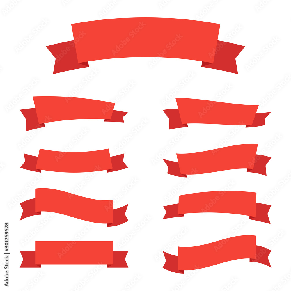 The ribbons are red in color. Modern collection of simple ribbons. Vector illustration.