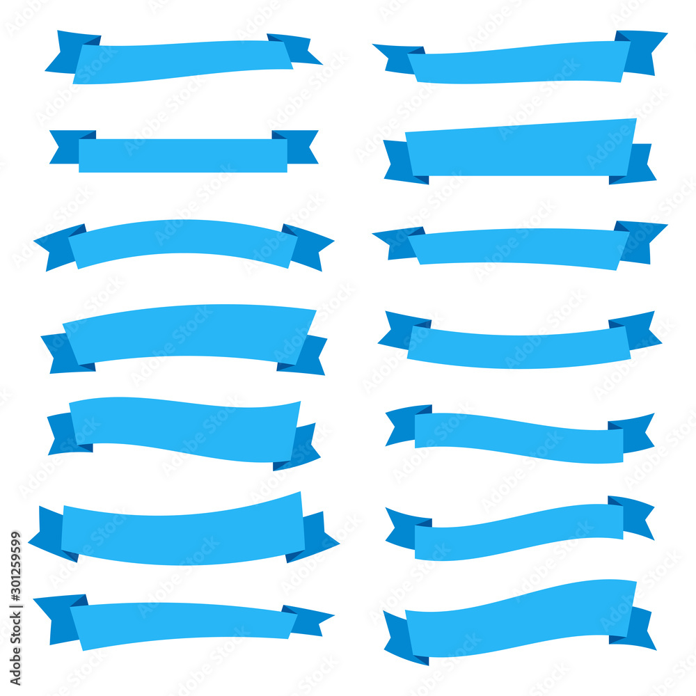 Set of blue ribbons on a white background. Design element, banner for advertising. Vector illustration