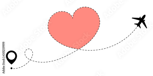 Airplane route drawing the heart. Love travel itinerary concept. To Valentine's Day. Vector illustration