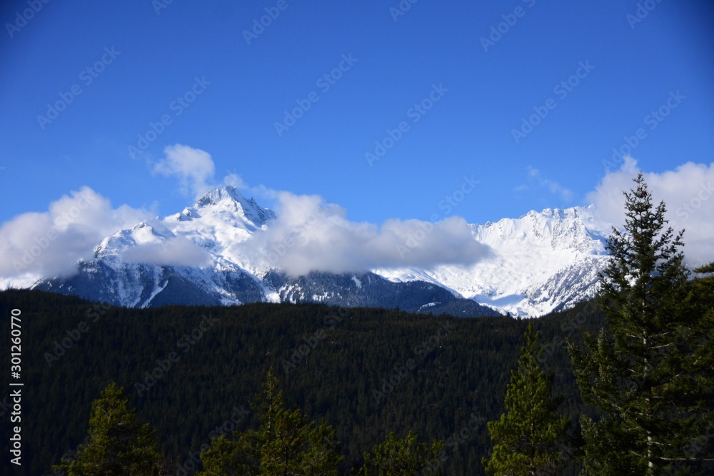 A picture of snow covered Tantalus ridge.   BC Canada