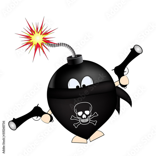 black bomb with guns. bomba bandit. cartoon vector illustration. t-shirtdesign. print for t-shirt. a robber with a gun.