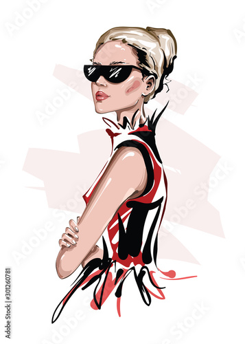 Hand drawn beautiful young woman in sunglasses. Stylish girl. Fashion woman look. Sketch. Vector illustration.