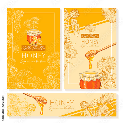 Honey vintage banners design. Engraved Milk Thistle honey flower with glass honey jar and drop. Hand drawn orange logo templates set. Sketch printable poster for branding or layout design