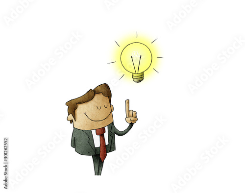 illustration of a man who has a lit bulb above his head. Creativity concept. ...