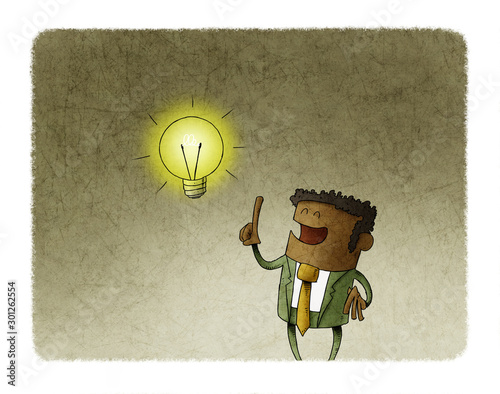 Funny illustration of a black man who has a lit bulb above his head. Creativi...