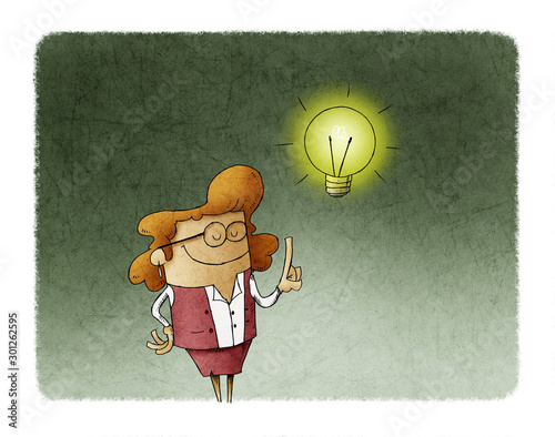illustration of a businesswoman who has a lit bulb above his head. Creativity...