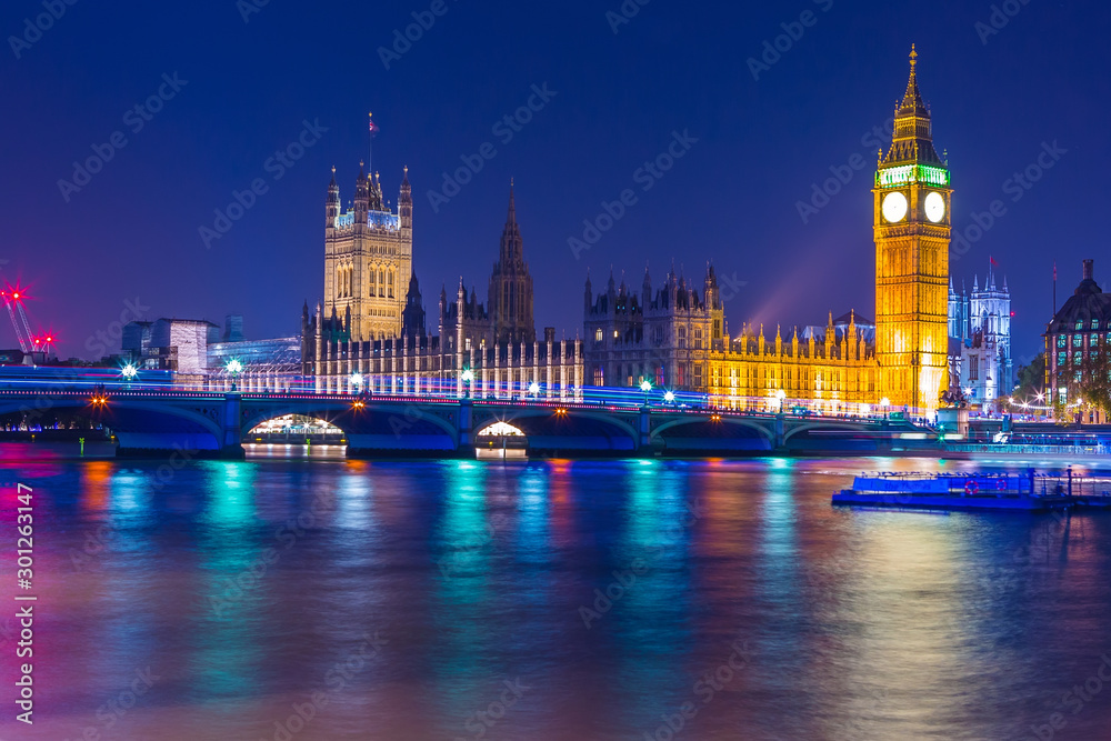 Big Ben clock tower on River Thames in Westminster, London at night. Long exposure.