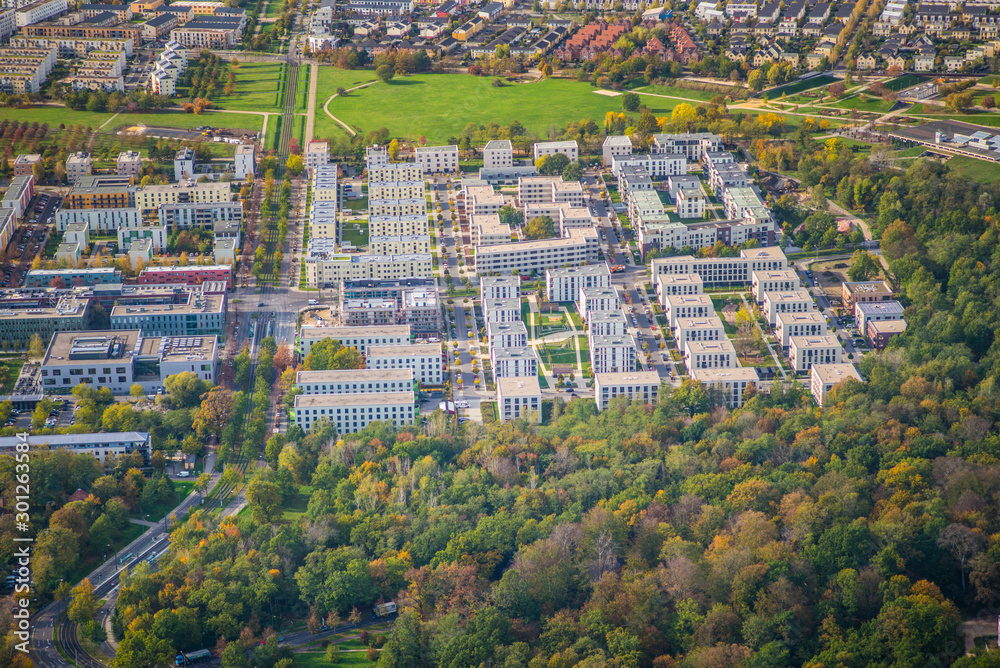 Potsdam, Germany, district Bornstedt, new construction area for a new residential area, during early autumn - aerial view