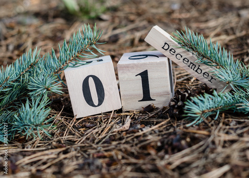  1 December. Date on wooden cube calendar 
