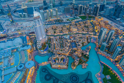 Photography Aerial view of Downtown Dubai at the sunset