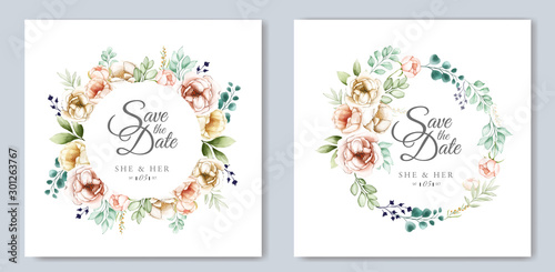 wedding invitation design with watercolor floral and leaves 