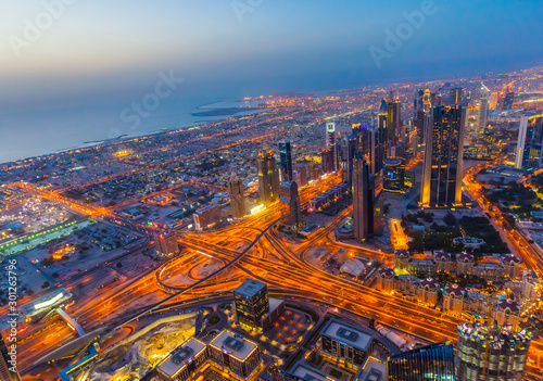 Aerial view of Downtown Dubai at the sunset