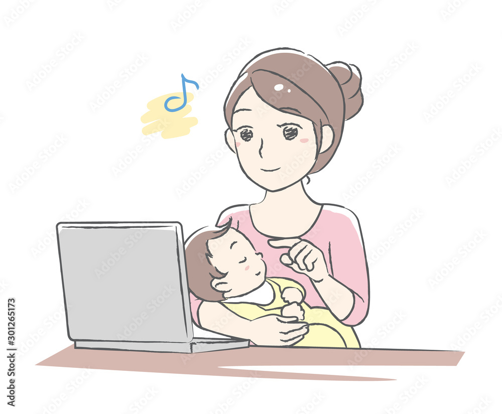 Young mother using her laptop computer. Shopping ,searching or other use. Vector illustration. Young mother using her laptop computer. Shopping ,searching or other use. Vector illustration.