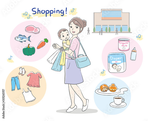 Young woman visit shopping mall with her baby. Vector illustration.