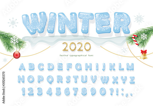 Christmas ice decorative font. New year 2020 winter alphabet. Hand drawn glacial letters, numbers and symbols. For posters, banners, greeting cards design. Vector