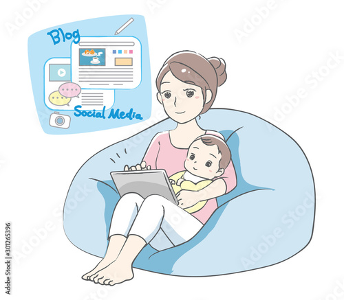 Young mother writing a blog, enjoying on social media. Vector illustration.